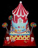 Circus or Carnival Themed Fondant Cake with Edible Clowns, Tent, Animals, and Miniature Carnival Food main view