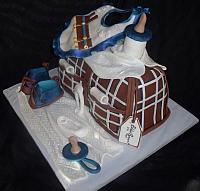 Baby Diaper Bag Fondant Cake with Blue, Brown, White Plaid Pattern, Baby Bib, Shoes, Bottle, Pacifier, Safety Pins