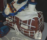 Baby Diaper Bag Fondant Cake with Blue, Brown, White Plaid Pattern close up