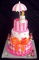 Baby Shower Fondant Cake with Expectant Mother Figurine, Umbrella, Princess Bears, Baby Bottles, Harlequin Design, Stripes, Dots, and Large Bow
