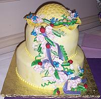 Baby Shower Cake With Peapods, edible summer basketweave hat, gumpaste sweetpea flowers, gumpaste ladybugs, dragonflies, forget-me-nots, daisies.