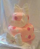 Pink Cake With Polka Dots and edible gumpaste White Bows and banner View 1