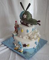 Baby Boy Cake with Edible Helicopter as well as  Edible Sock Monkey, Bow, Train, Baby Rattles, Baby Bottles - view 1