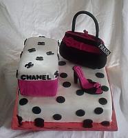 Hot Pink and Black Polka dot Shoebox, Purse, Shoe Cake front view