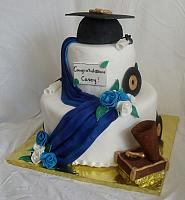 Blue and White Graduation Cake With Music Theme - notice vinyl record on cake side