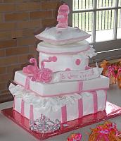 Quinceanera Cake in Pink and White with Stacked Presents, Edible Fashion Shoe, Pillow, and Princess Crown main view