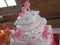 Quinceanera Cake in Pink and White with Stacked Presents, Edible Fashion Shoe, Pillow, and Princess Crown top view