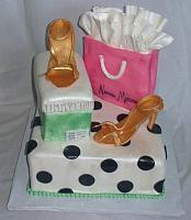 Fashionista or Fashion Cake with Shopping Bag, Gold Shoes, Shoebox top view