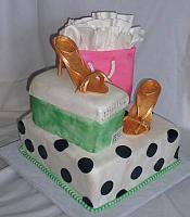 Fashionista or Fashion Cake with Shopping Bag, Gold Shoes, Shoebox view 1