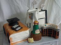 College Graduation Cake with Golf Bag Cake, Book Cake, Wine Bottle, Hospital Building Facade, Cheese, Droid Computer, Graduation Cap main view