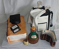 College Graduation Cake with Golf Bag Cake, Book Cake, Wine Bottle, Hospital Building Facade, Cheese, Droid Computer, Graduation Cap top view