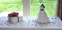 Bridal Shower Dress Cake and Present Cake with Fall or Autumn Edible Miniature Leaves front view