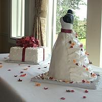 Bridal Shower Dress Cake and Present Cake with Fall or Autumn Edible Miniature Leaves main view