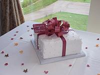 Bridal Shower Present Cake with Oyster-colored Edible Pearls, Gift Tag, Cranberry Ribbon and Bow