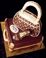 Fashionista Fondant Cake with Edible Louis Vuitton Luggage, Purse, and Shoe top view