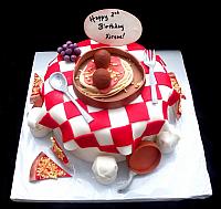 Pizza and Italian Food Themed Fondant Cake with Edible Chef Hats, Copper Pots, Grapes, Spagetti main view