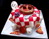 Pizza and Italian Food Themed Fondant Cake with Edible Chef Hats, Copper Pots, Grapes, Spagetti side view