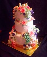 Fruit And Flowers Still Life Themed Tiered Fondant Birthday Cake with Pears, Grapes, Roses, Rose buds