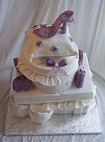 Top view of Metta's Bridal Shower cake of Stacked presents - notice the jewels on the pillow and the shoe detail