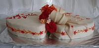 Wedding Cake of Two Hearts,  Red Gumpaste Roses,  Orange Hydrangea Gumpaste Flowers, side view